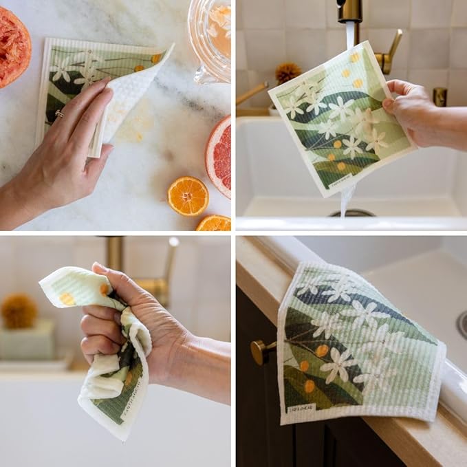 Swedish Dishcloths – Wildflower Garden Floral Designs – Reusable Compostable Cellulose Sponge Cloth – Eco-Friendly Paper Towel Alternative 3 Pack