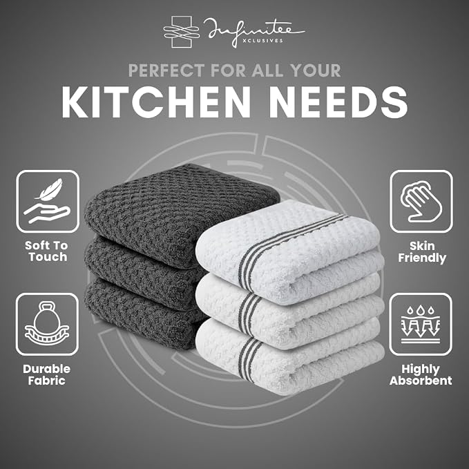 Infinitee Xclusives Kitchen Towels Bundle - Pack of 6 Grey + Pack of 6 Red - Soft Absorbent Cotton Dish & Cleaning Towels Set