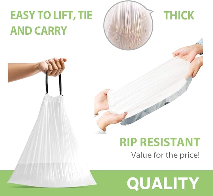 Teivio 6 Gallon 200pcs Strong Drawstring Trash Bags Garbage Bags, Bathroom Trash Can Bin Liners, Plastic Bags for home kitchen office, White