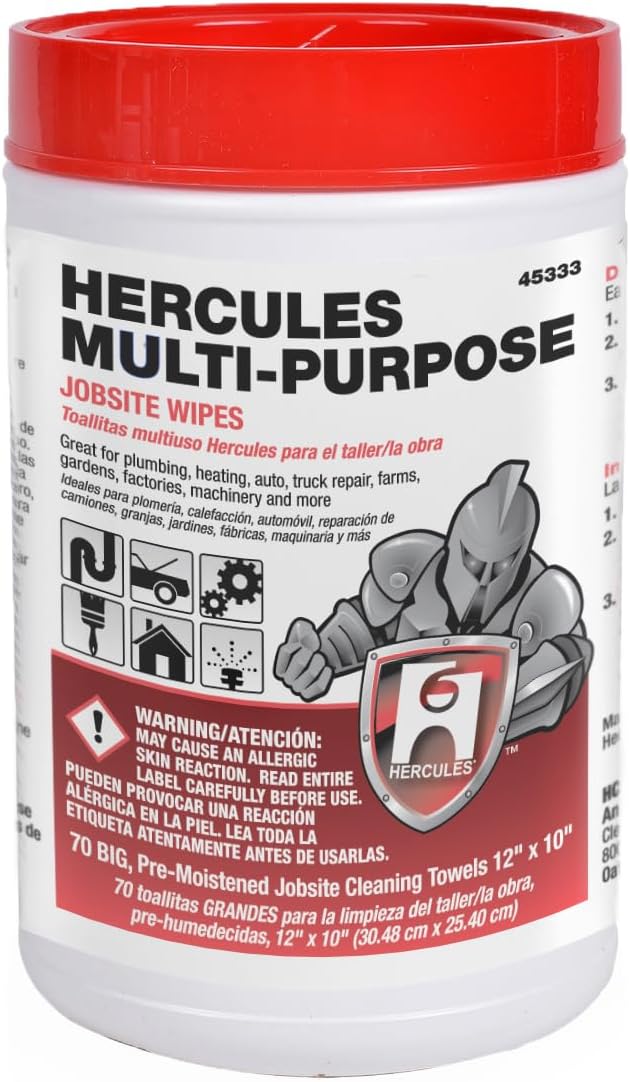 Oatey Hercules 12 in. x 10 in. Multi-Purpose Jobsite Wipes, Dispenser Tub of 70 Towels 45333-1 Each