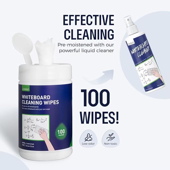 LOUKIN Whiteboard Cleaning Bundle | Whiteboard Cleaning Wipes(100 Wipes) 3 Pack& Magnetic Whiteboard Cleaning Cloth 2 Pack & Non-toxic Whiteboard Cleaner (3.4 fl oz)