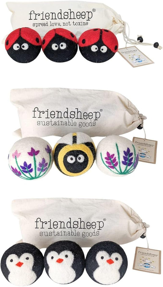 Wool Dryer Ball Bundle Lavender Fields Bee Flower + Penguin + Ladybug by Friendsheep