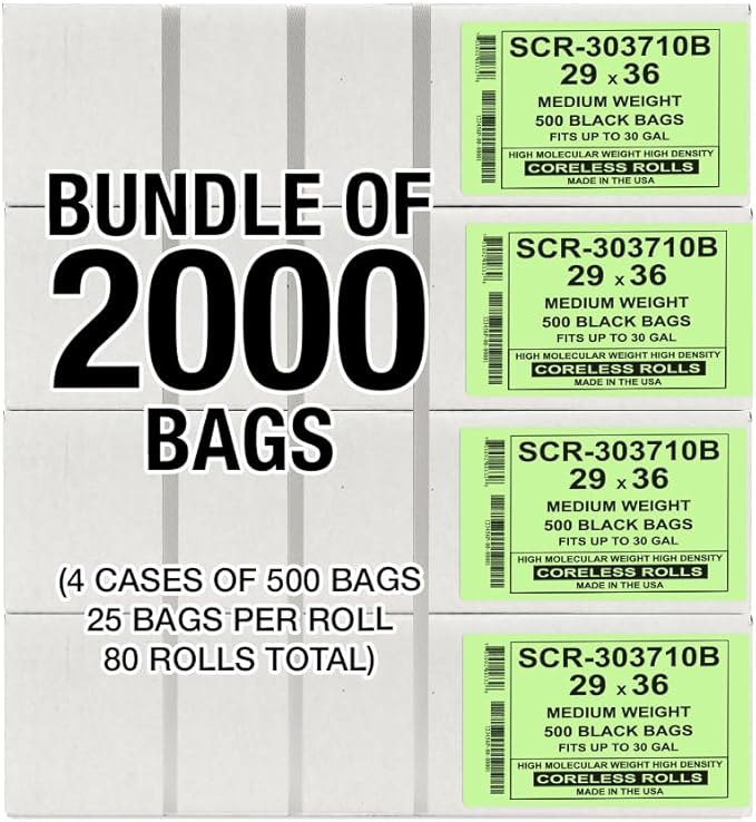 Aluf Plastics 20-30 Gallon 10 Micron (eq) Black Trash Bags - 29" x 36" For Home, Office, & Bathroom (Pack of 2000)