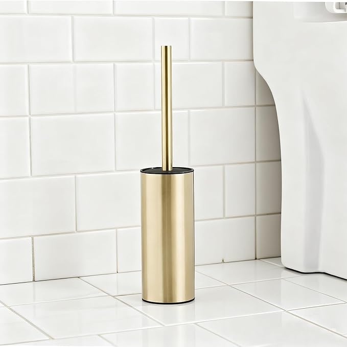 Toilet Brush and Holder Set, NEWRAIN 304 Stainless Steel Toilet Brush with Long Brush Handle, Brushed Gold Toilet Scrubber and Covered Holder, Round Design Sturdy and Space Saving, Covered Brush