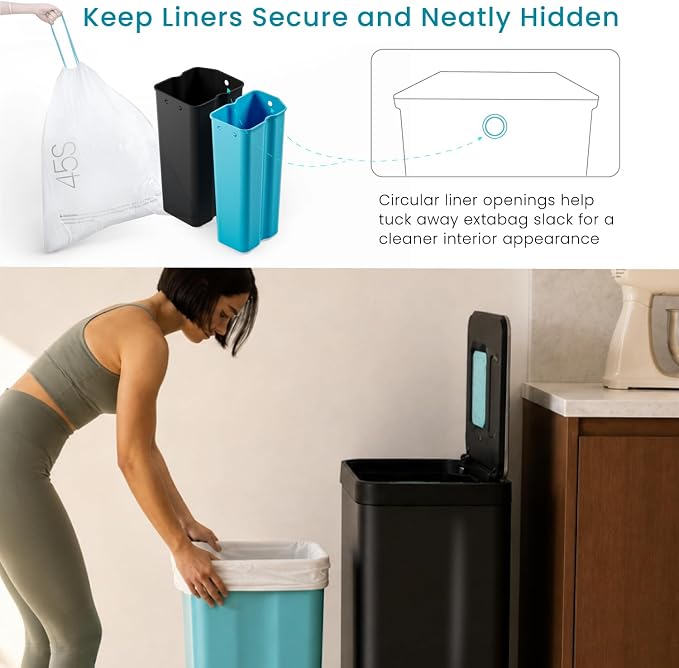 Home Zone Living 19 Gallon Kitchen Trash Can with Dual Compartments for Recycling, CleanAura Odor Control, Stainless Steel, Matte Black, 70 Liters Total