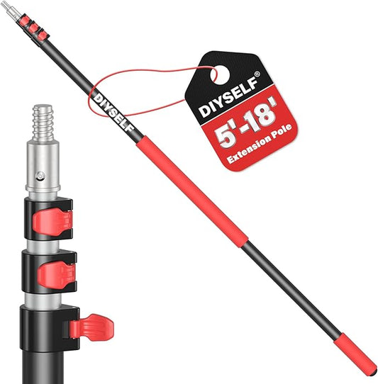 DIYSELF 18 FT Extension Pole, 5.2-18 Ft Adjustable Telescoping Pole with Aluminum Handle, Paint Roller Extension Pole for High Reach Painting, Cleaning & Gutter Washing