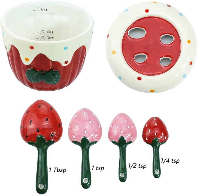 Sizikato 4pcs Porcelain Measuring Spoons with Base, Strawberry Cream Cake Shape