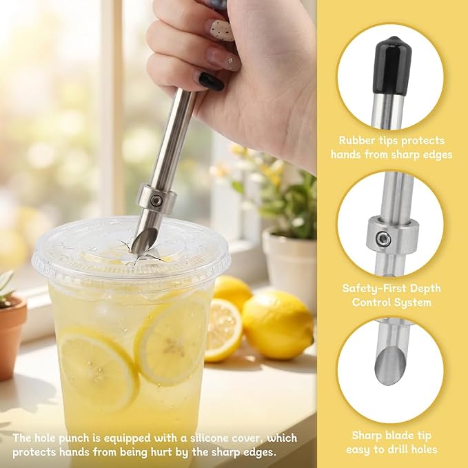 7PCS Straw Hole Puncher Set,2pcs Straw Puncher for Lemonade Plastic Lids Cups,& Cocktail Muddler for Lemonade Mixing Rod Spoon,Ice Tweezers,2pcs Brush,for Lemonade Stands Supplies