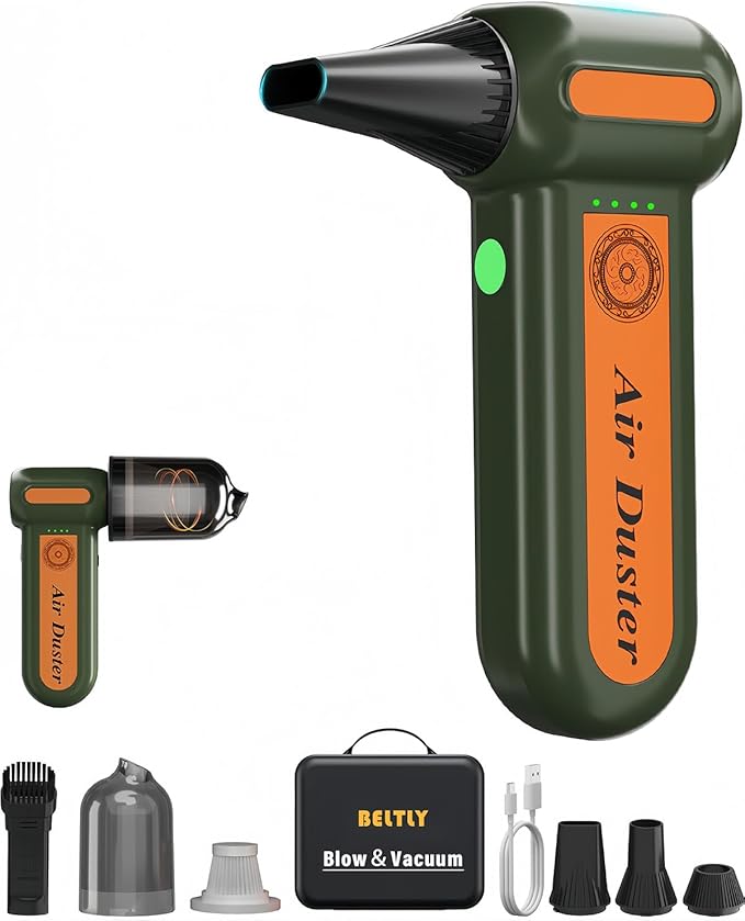 Powerful 2-in-1 Compressed Air Duster & Handheld Car Vacuum Cleaner with LED Light & 4-Gear Adjustable 150KRPM Brushless Motor, Rechargeable Cordless Mini Blowe for Car, Home, PC (2-in-1 Green)