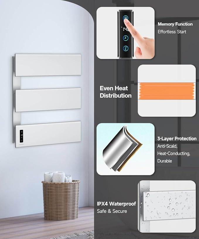 Towel Warmers for Bathroom, Heated Towel Rack Wall Mounted, 21.6" X 17.7" Smart LED Control, Built-in Timer & Temperature, Max 140°F, Plug-in, Fast Heating, Brushed Nickel
