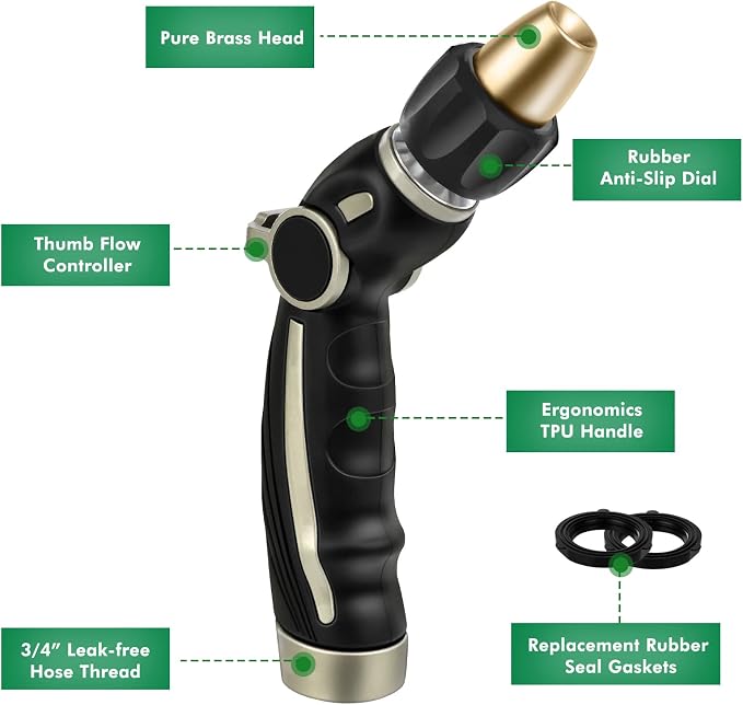 RESTMO High Pressure Hose Nozzle Sprayer, Heavy Duty Brass Head, Metal Water Hose Nozzle for Car Washing, Garden Cleaning, Lawn and Plant Watering, Adjustable Thumb Flow Control
