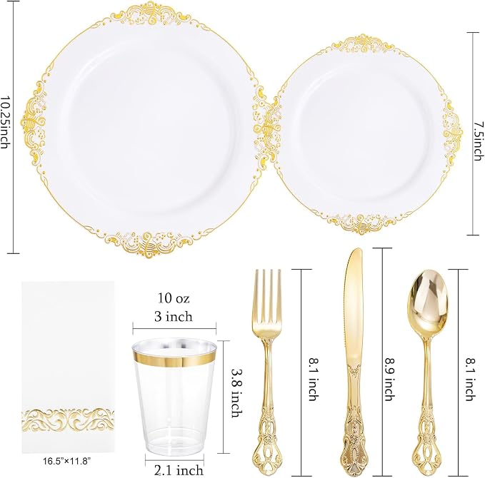 YOUBET 700PCS Gold Plastic Dinnerware Set - 36 Pack Clear Champagne Flutes Plastic - 200 Disposable Plates, 300 Heavy Duty Silverware, 100 Cups,100 Napkins for Wedding Party Graduation