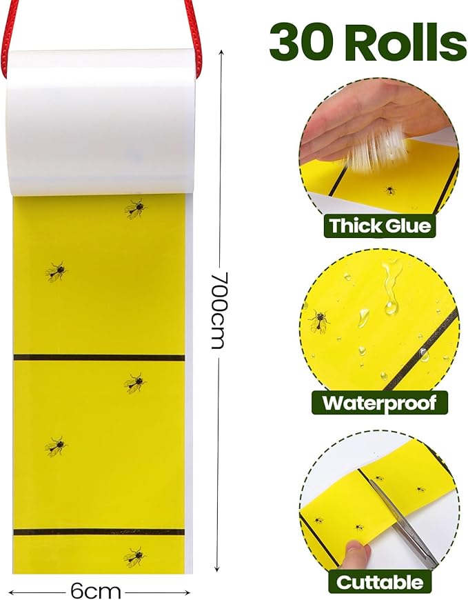 Qualirey Giant Sticky Fly Traps, Fly Strips for Indoor Outdoor Hanging Flying Tapes Non Toxic Ribbon Fruit Gnat Killer for Mosquito Plants House Horse Stable(23 ft,Yellow,30 Pcs)