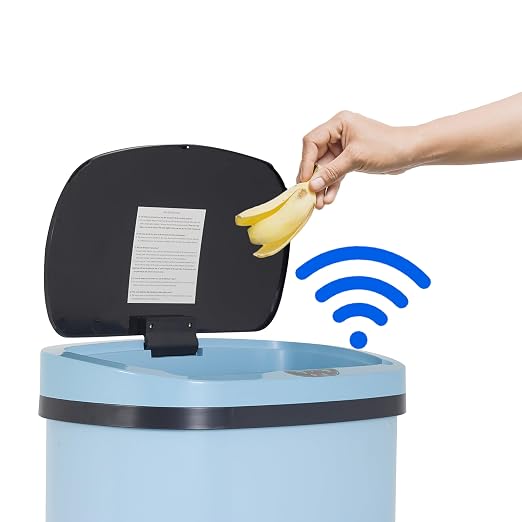 Furniture of America Verbena 13 Gallon Metal Household Trash Can with Motion Sensor Lid for Kitchen, Blue