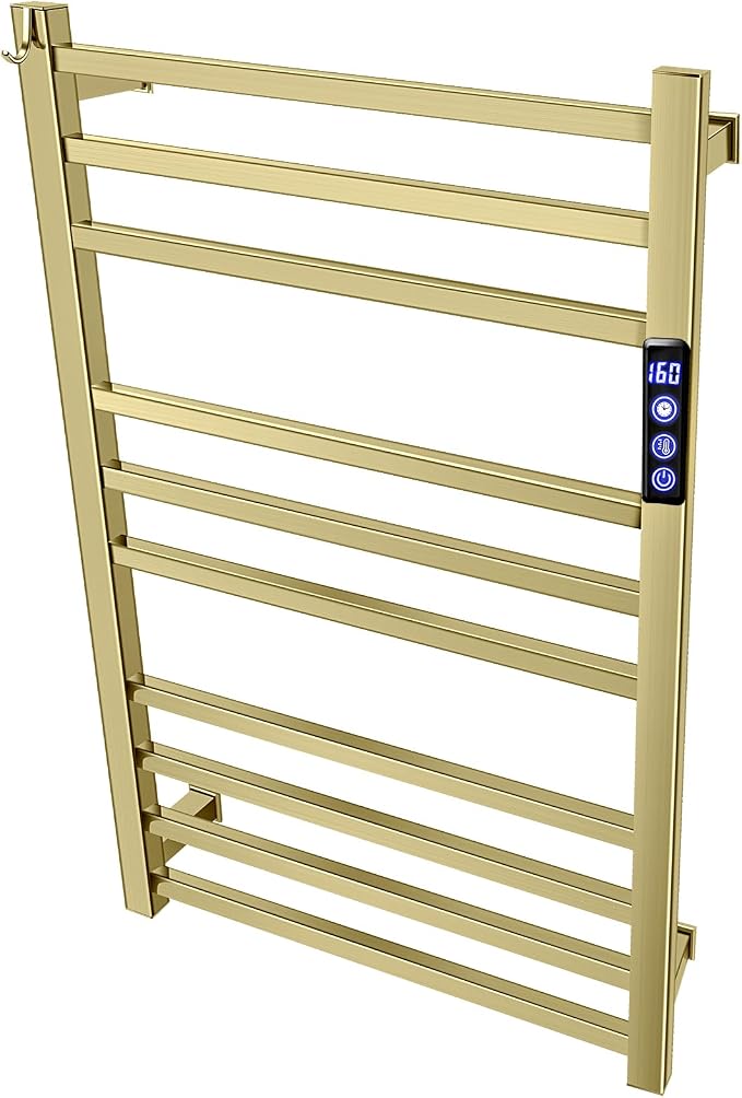 XBVV Towel Warmer Rack for Bathroom with Timer/Fahrenheit Temperature Control Wall Mounted Electric Heated 10 Bar Rail Plug-in or Hardwired Keep Bath Shower Towel Warming (Brushed Gold)