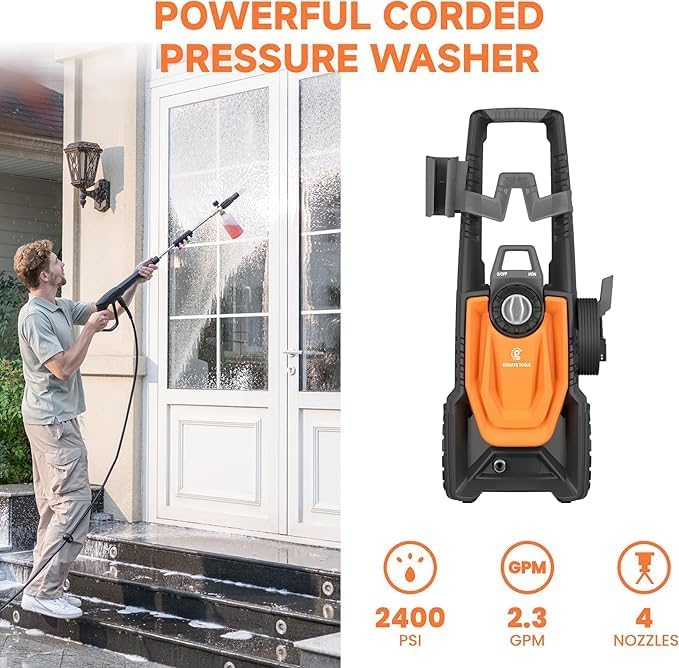 Giraffe Tools Pressure Washer, Max 2400 PSI, 2.3 GPM Electric Power Washer with 4 Quick-Connect Nozzles, Foam Cannon for Cars/Patios/Driveways/Fences, 20 ft