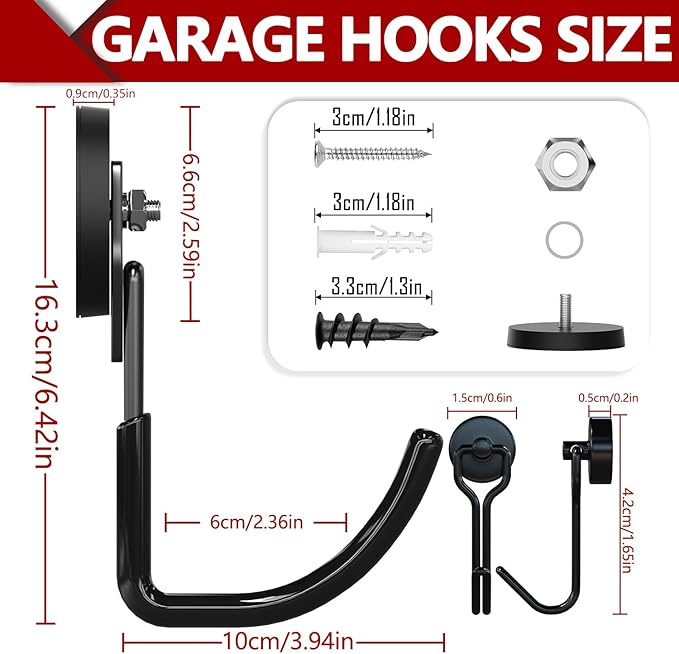 3-H Extra Strong Magnetic Hooks,Heavy Duty Large Anti-Slip Magnet Hooks J Shape,No-Drill Tool Holder for Garage,Power Drill,Garden Tools,Hose Storage,2 Pack Black