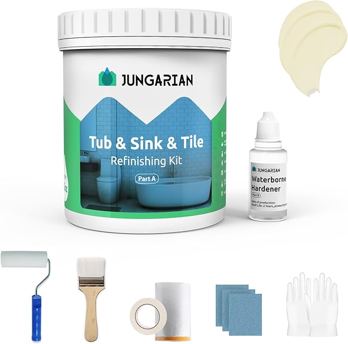 Tub and Tile Refinishing Kit 17.5oz with Tools, Low Odor DIY Bathroom Paint Sink Tub Countertop Tile Shower Paint for Bathroom Kitchen Porcelain Fiberglass, Semi-Gloss Cream