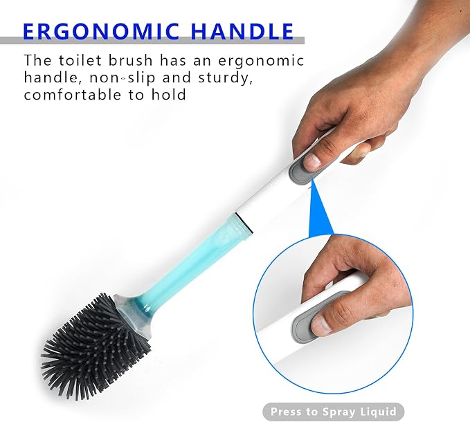 Silicone Toilet Brush and Holder Set, 1 Pack Bendable Toilet Scrubber for Curved Rim, Non-Scratch Drip-Resistant Brush with Sprayer, Space Saving Bathroom Essentials (1)
