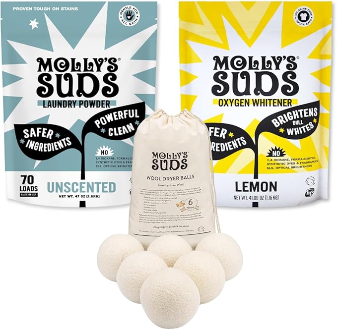 Molly's Suds Original Laundry Detergent Powder Unscented 70 load, Oxygen Whitener 41 oz, and (6) Wool Dryer Balls