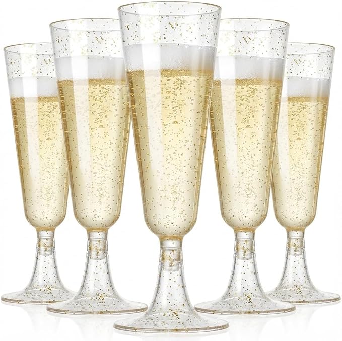 25 Pack Plastic Champagne Flutes 5.5oz Gold Glitter Disposable Suitable for Wedding, Birthday Party, Thanksgiving Day, Christmas Supplies
