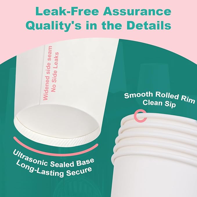100 Count 8 oz Coffee Cups, Leak-Free Food Safe Paper Cups 8 oz, Disposable White Paper Cups for Cold and Hot