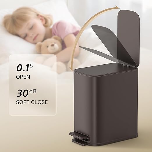 TIPGO Small Bathroom Trash Can with Lid Soft Close, Step Pedal, 1.3 Gallon / 5 Liter Stainless Steel Slim Garbage Can for Office, Diaper Waste Basket with Removable Inner Bucket (Brown)