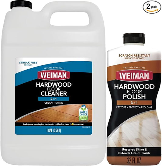 Weiman Hardwood Floor Cleaner and Polish - Cleans Vinyl Tile, Solid, Laminate, Natural Shine, No Residue, Removes Scratches, Leaves Protective Layer, 1 Gallon Mop Soap & 32 Oz Restorer