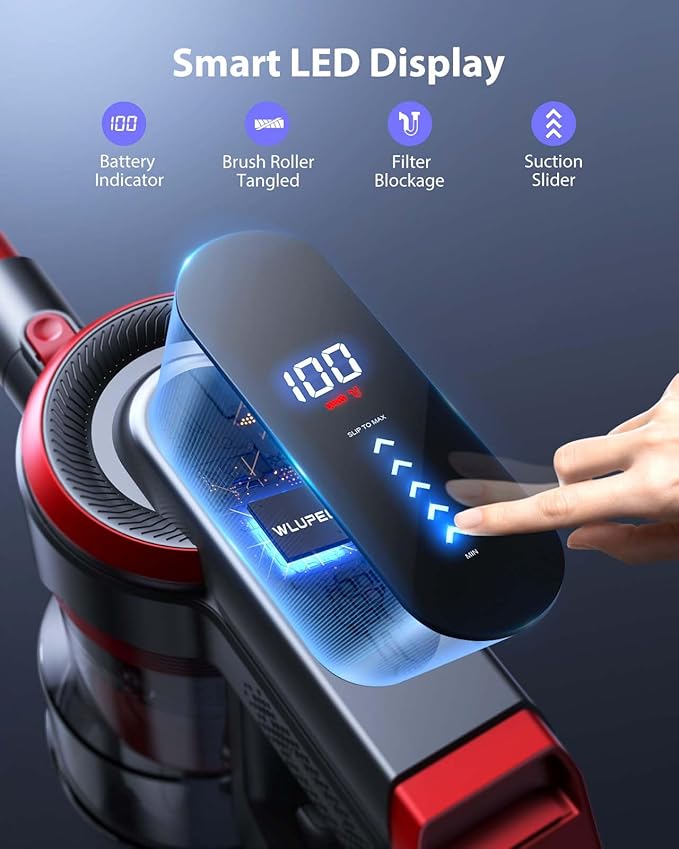 WLUPEL Cordless Vacuum Cleaner, 38kPa Stick Vacuum Cleaner, 450W Powerful Handheld Vacuum with LED Touch Display, 55mins Runtime for Pet Hair, Carpet and Hardwood Floor(Hero 8S)