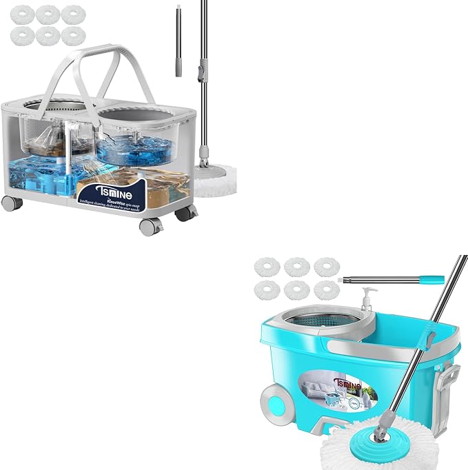 Mop Bucket Separate Dirty Water and FunClean Spin Mop and Bucket with 12 Microfiber Replacement Head Refills,61" Extended Handle