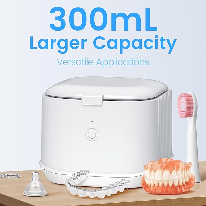 Ultrasonic Retainer Cleaner,50kHz Ultrasonic Denture Cleaner Machine for Aligner, Night guard, Braces, Jewelry and More 300ML Pod(White)
