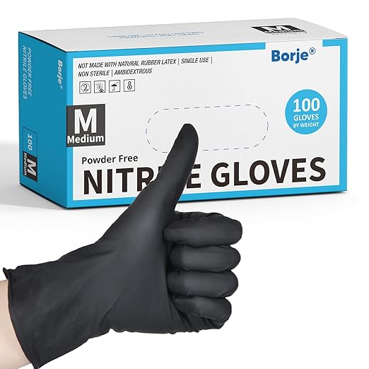 Borje Nitrile Gloves Medium, 100 Count Disposable Gloves, Black, Latex-Free Powder-Free, Medical Exam, Food Safe, Cleaning, Cooking