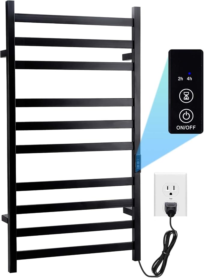 Towel Warmer Heated Towel Rack-Bar - Nopwer Bathroom Wall Mounted Electric Towel Drying Matte Black 10 Bar Plug-in