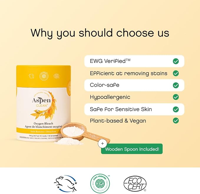 AspenClean | Unscented Oxygen Bleach Powder | Color Safe Laundry Stain Remover | Bleach Alternative | EWG Verified™, Hypoallergenic, Non-Toxic | 45 Loads