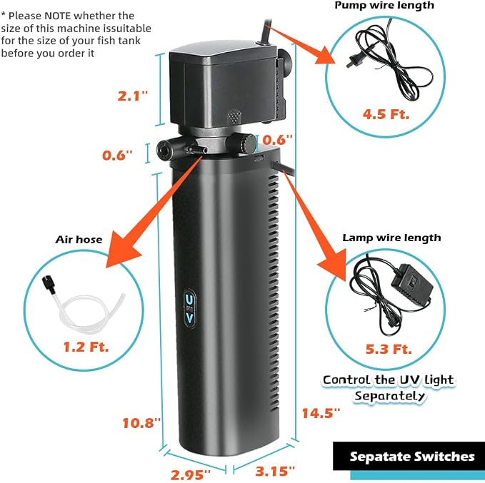 COOSPIDER Aquarium Filter with 9W U-V Light 600GPH for 100-500 Gallon Tank | Submersible Fish Tank Filter with 35W Powerful Pump for Green Clean, Turtle Tank, Oxygen Supply, Deodorization, Water Cycle