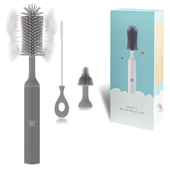 Electric Baby Bottle Cleaner Set - Rechargeable, Silicone Bottle Brush, Nipple & Straw Cleaner. Waterproof Spinning Brush, Essential Cleaning Tools (Grey)