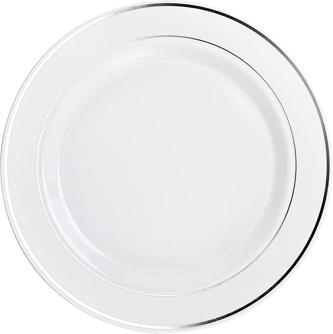 OCCASIONS 40 Piece Disposable Plastic Charger Plates 12 Inch Heavyweight Chargers for Dinner Plates, Wedding, Party, Bulk Table Setting – Premium White & Silver Rim Collection