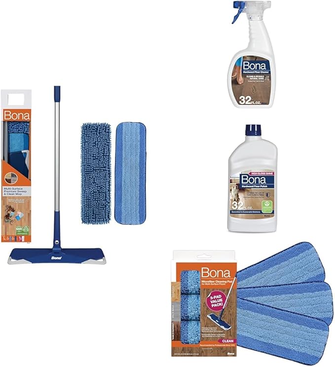 Bona Hardwood Floor Care Bundle - Includes Microfiber Mop, Hardwood Cleaner Spray, Hardwood Floor Polish, and Microfiber Cleaning Pads