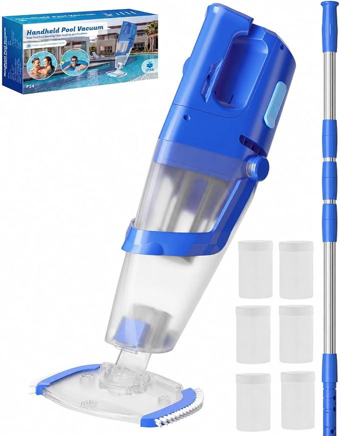Cordless Handheld Pool Vacuum Cleaner with Telescopic Pole, 26.5 GPM Powerful Suction, Longer 1H Runtime, Portable Pool Vacuums for Above Ground/Inground Pools, Hot Tubs, Spas, Blue