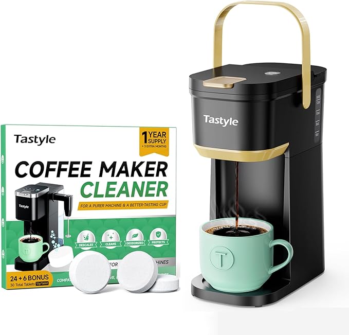 Tastyle Mini Single Serve Coffee Maker with 30 Descaler Cleaner Tablets, Single Cup Coffee Maker with Portable Handle for K Cups and Grounds