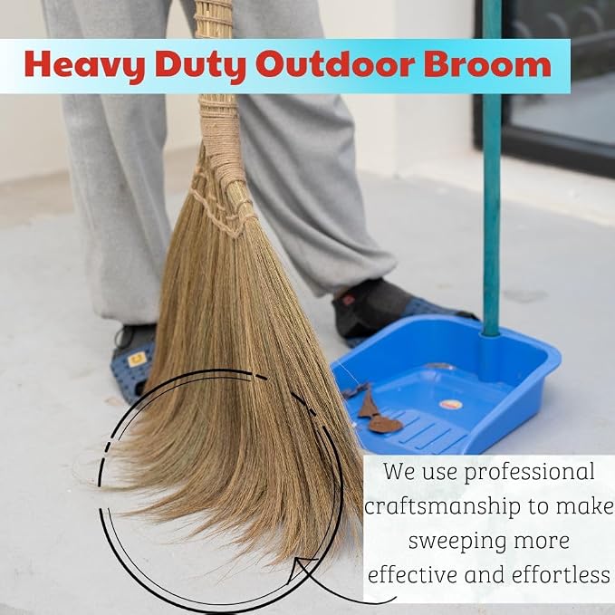 Outdoor Broom for Floor Cleaning, 43.3'' Length Heavy-Duty Natural Grass Broom for Sweeping Concrete Courtyard Garage Patio Indoor Home Kitchen Office Lobby