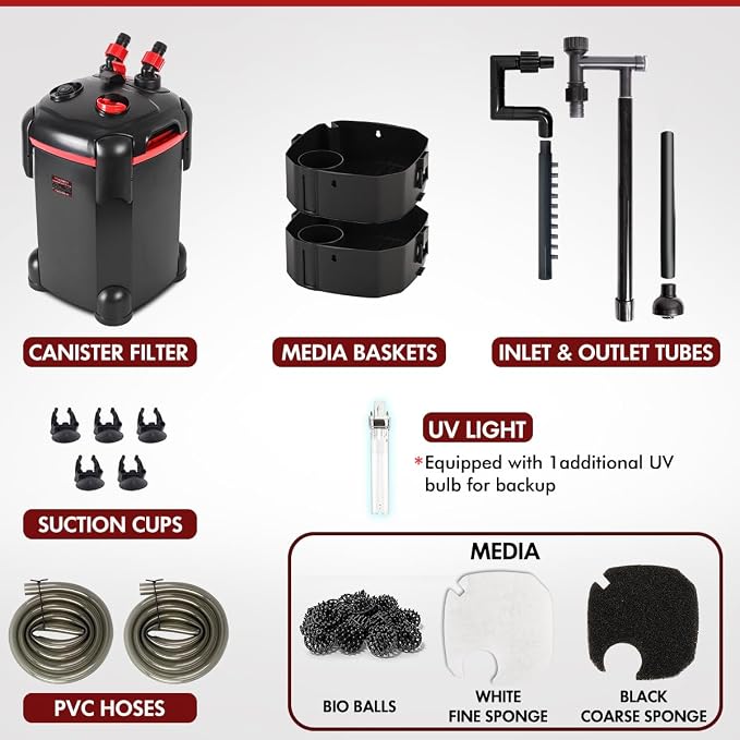 PONDFORSE Canister Filter, External Aquarium Filter Ultra-Quiet Water Circulation Cleaning Machine with Media for Fish Tanks and Aquariums