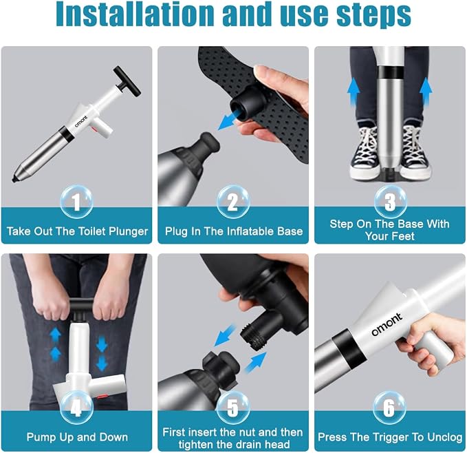 Toilet Plunger Drain Clog Remover: High Pressure Air Drainage Blaster Gun Clog Remover Tool- Stainless Steel White Air Plunger for Bathroom, Sink, Floor, Kitchen Clogged