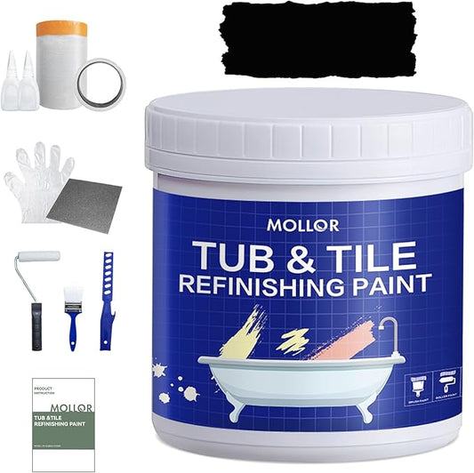 Tub and Tile Refinishing Kit with Tools, 35oz White Tile Paint Water Based & Low Odor, DIY Bathtub Paint, Easy to Use for Bathroom, Kitchen, Porcelain, Floor, Semi-Gloss, 50-60sq.ft(Black)