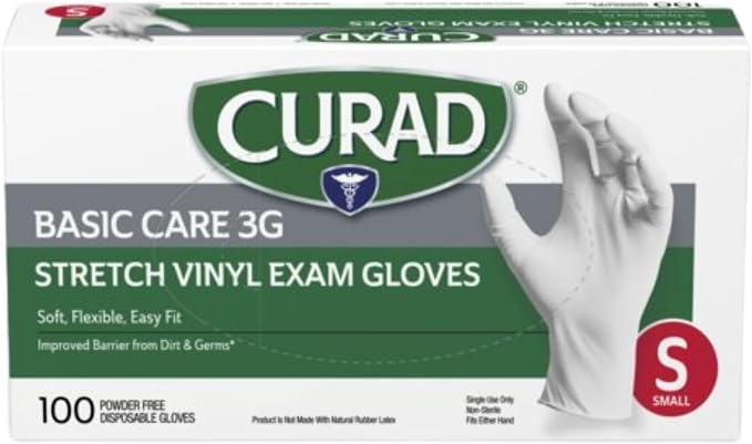 Curad Basic Care 3G Stretch Vinyl Exam Gloves, Powder Free, Small, 100 Count (Pack of 3)