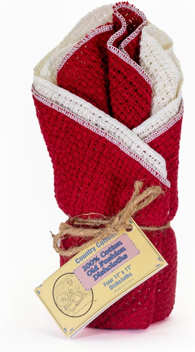 Old Fashion 100% Cotton Dishcloths - Set of 4 Mixed Colors - 2 Red/2 Natural -11" x 11"