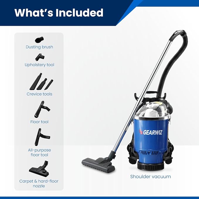 Gearwiz Backpack Vacuum Cleaner – 1000W Shoulder Vacuum with 25KPA Suction, Bagged or Bagless Use, Adjustable Harness, Double Filtration, Washable Dust Bag & Tools for Home, Office, Stairs & Cars