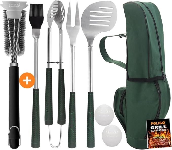 POLIGO Safe Wire Grill Brush and Scraper Bundle with 7PCS Golf-Club Style Grill Tools Kit with Rubber Handle - Premium Grill Accessories for Outdoor Grill Ideal Christmas Birthday Gifts for Men Dad