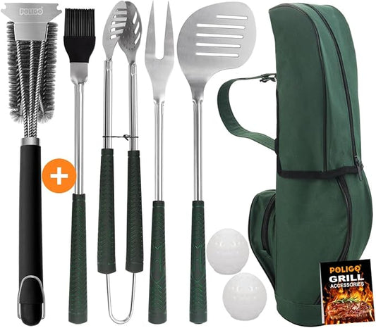 POLIGO Safe Wire Grill Brush and Scraper Bundle with 7PCS Golf-Club Style Grill Tools Kit with Rubber Handle - Premium Grill Accessories for Outdoor Grill Ideal Christmas Birthday Gifts for Men Dad