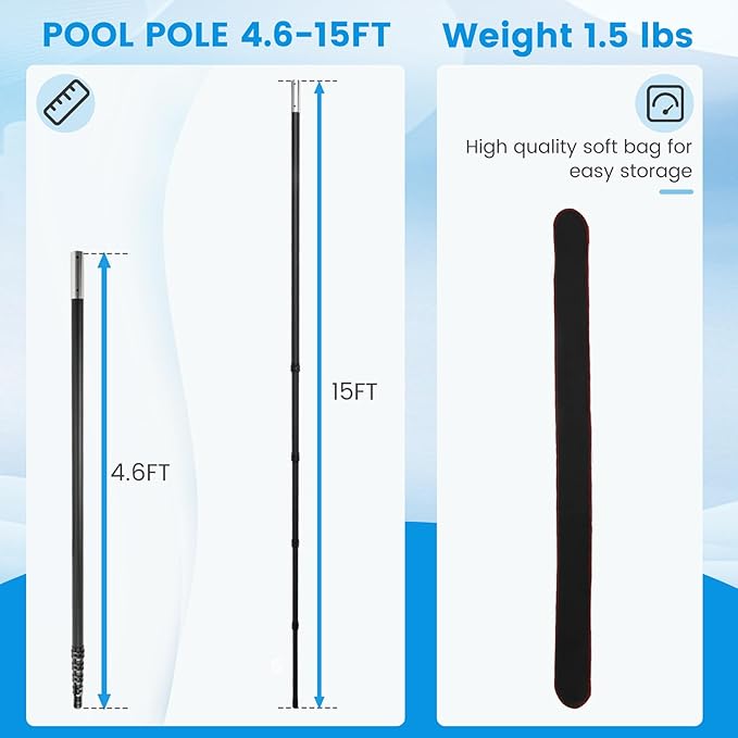 Pool Pole Carbon Fiber, swimming pool pole telescopic 4.6 to 15 FT, Adjustable 4 Piece Extendable Pool Cleaning Pole, Professional Pool Pole fit for Brushes, Vacuum, Nets, Skimmers, Rakes